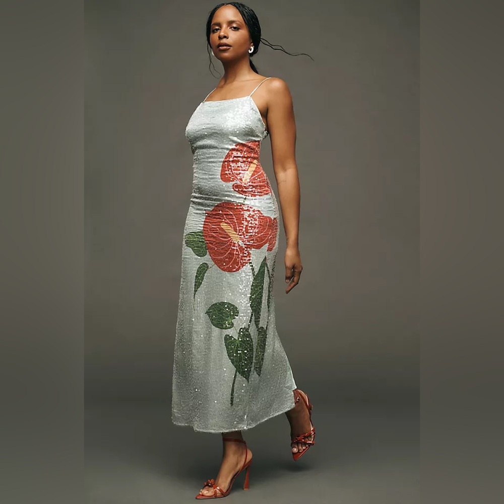 NWT Anthropologie Farm Rio Blue Anthurium Sequin Dress đș SOLD OUT Retail: $360 - Picture 8 of 11